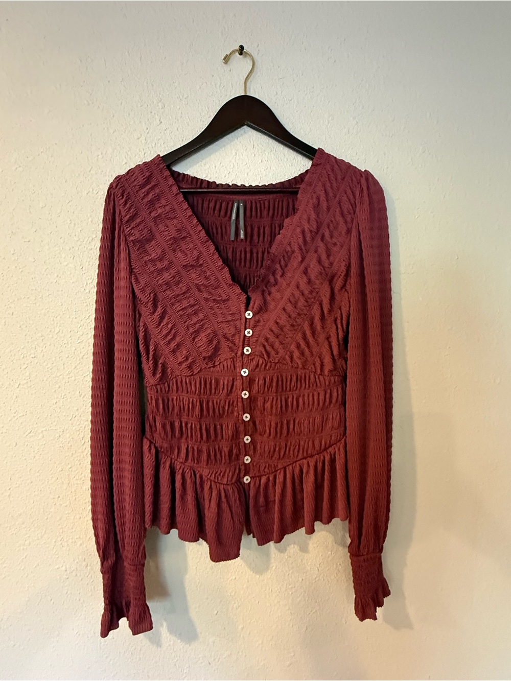 Anthropologie Rust Textured Smocked Button Front Peplum Top Size M